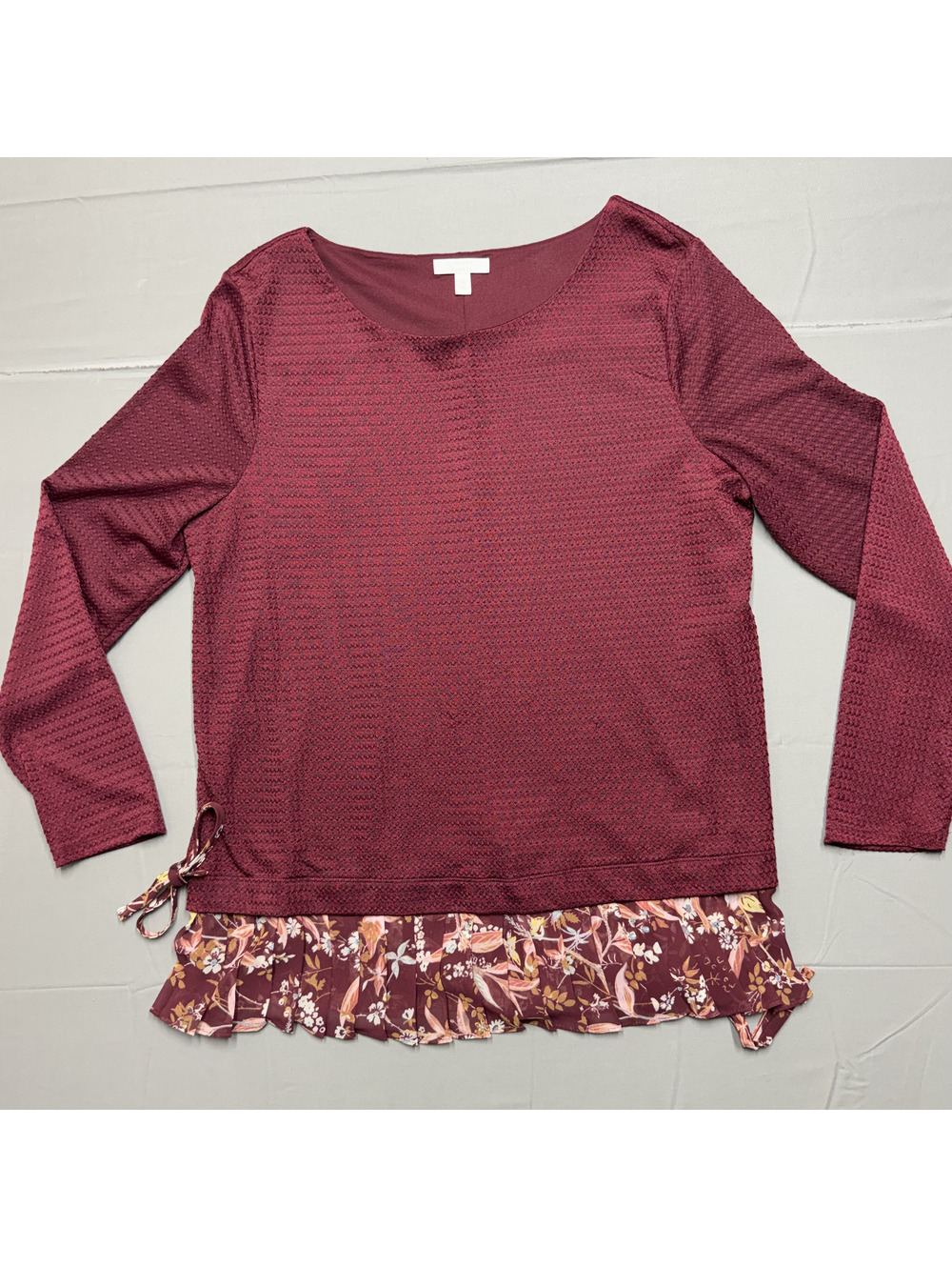 LC Lauren Conrad Womens Knit Floral Ruffle Hem Top XL Burgundy Chiffon Layered